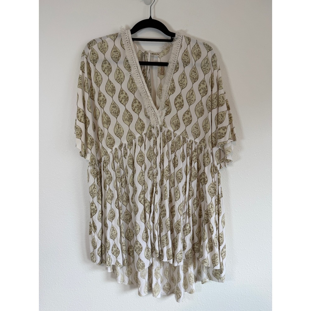 Khush Womens Small Boho Leaf Print Crochet Trim V-Neck Babydoll Mini Dress Cream